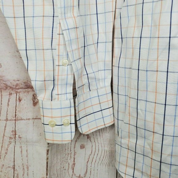 Lanesboro Men Non Iron White Blue Orange Checkered Button Up Shirt Extra Buttons - Picture 8 of 10